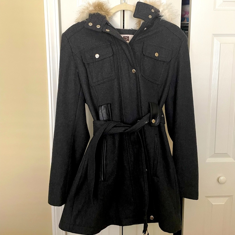 Dark gray wool/polyester blend coat with faux fur trimmed hood